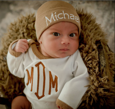 Ilybean Solid Tan Hat &amp; Matching Tan Trimmed Onesie Set