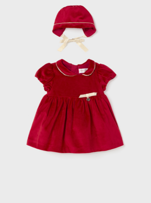Mayoral Baby Girl Red Velvet Dress W/ Bonnet 2821