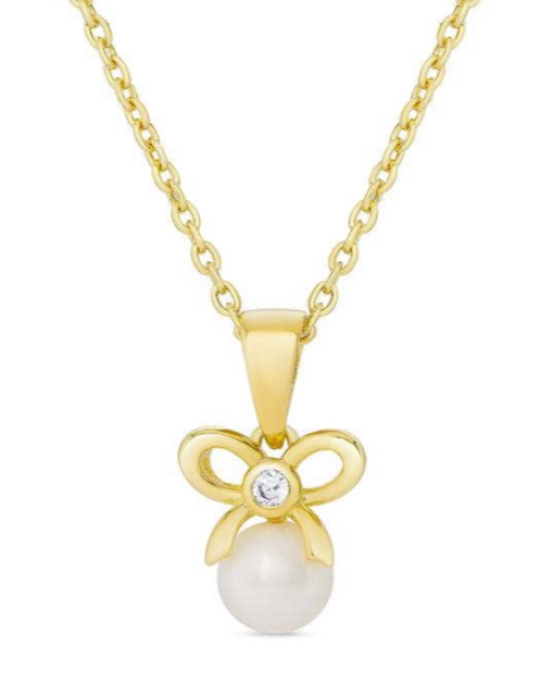 Lily Nily CZ Bow and Freshwater Pearl Pendant In Sterling Silver
