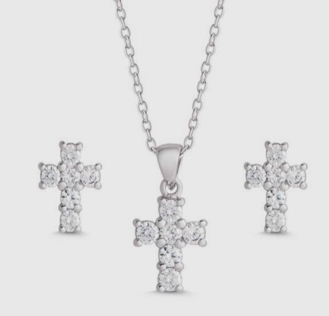 Lily Nily CZ Cross Pendant And Stud Earrings Set In Sterling Silver