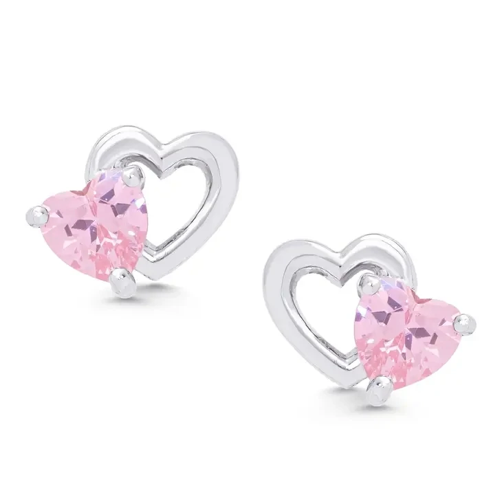 Lily Nily Pink CZ Double Heart Stud Earrings Sterling Silver*