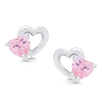 Lily Nily Pink CZ Double Heart Stud Earrings Sterling Silver
