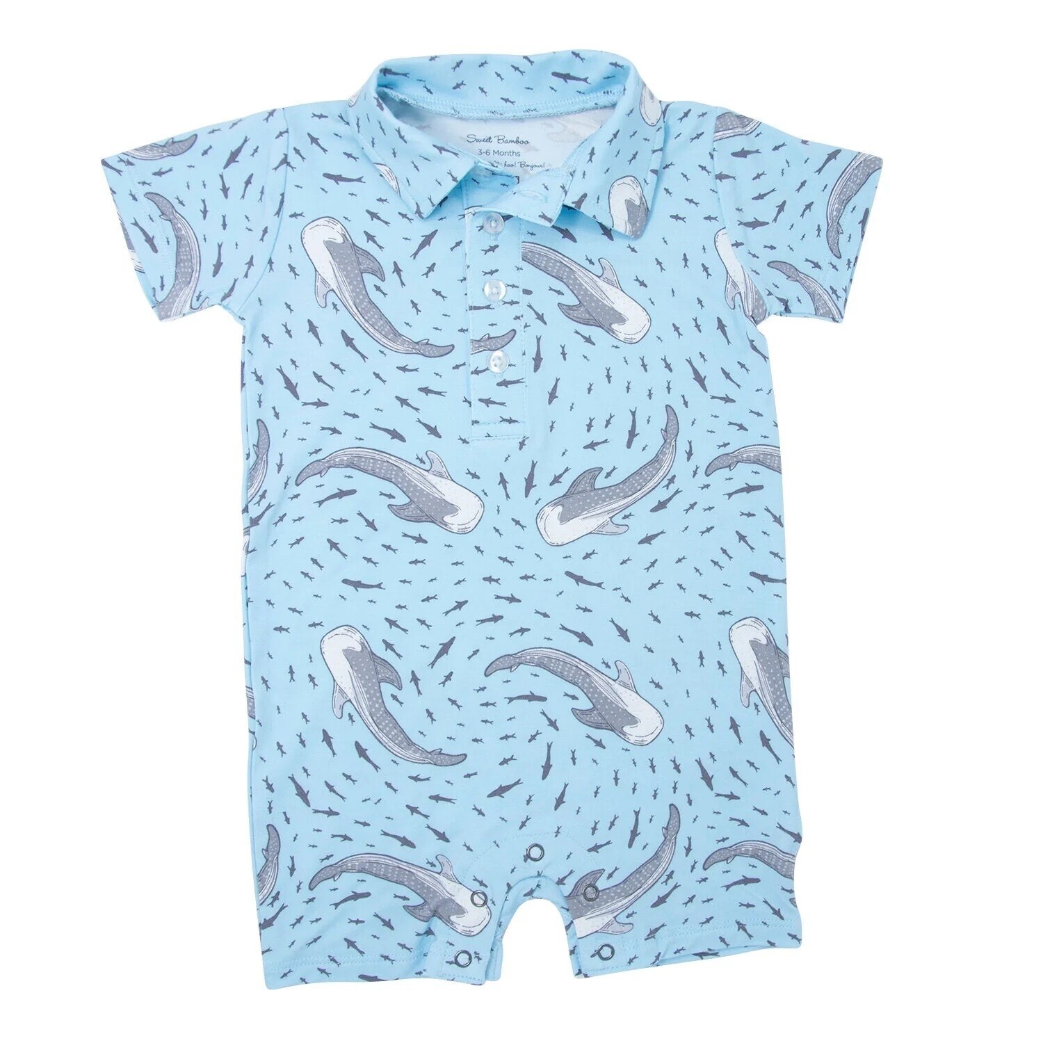 Sweet Bamboo Baby Boy Polo Romper- Swirling Sharks