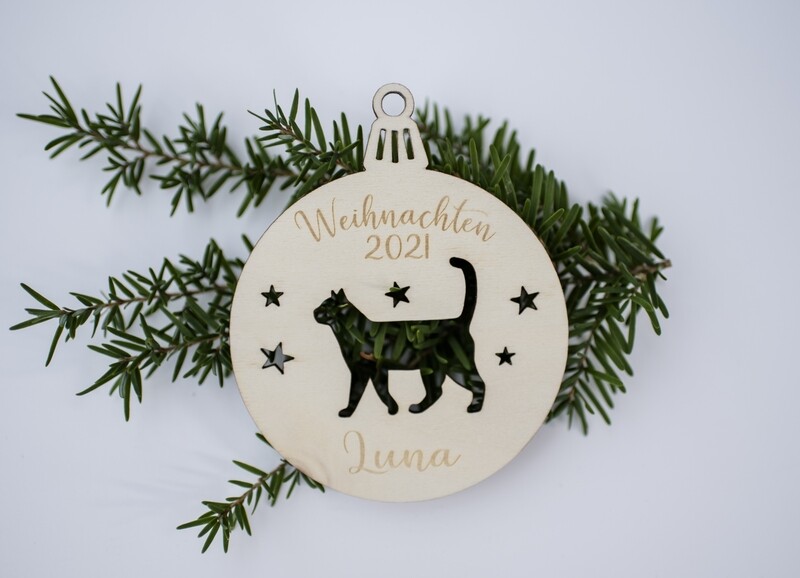 ★Weihnachtskugel &quot;Katze/Kater&quot; mit Wunschname aus Holz★