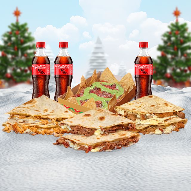 COMBO NOVENAS: 1 Gringa desmechada, 1 Gringa carne al pastor, 1 Gringa pollo, 1 Nacho y 3 Bebidas.