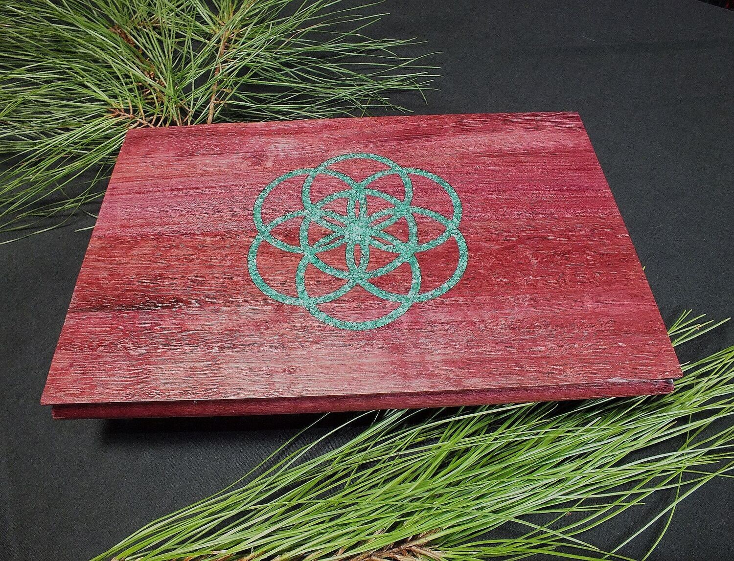 Meditation/Altar Table with Seed of Life, Malachite inlay in Purpleheart.