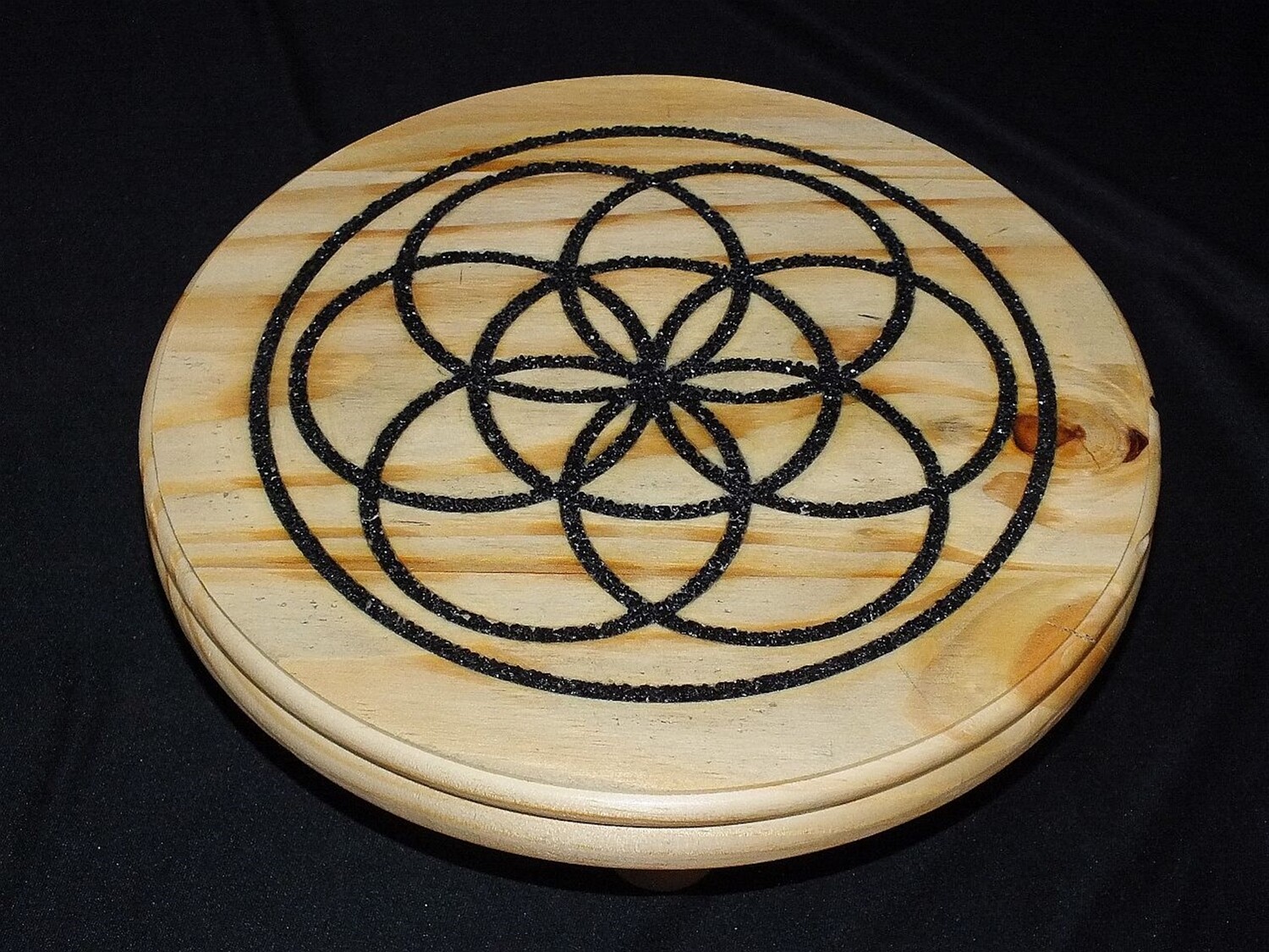 Meditation/Altar Table with Seed of Life, Tourmaline stone inlay in Pine