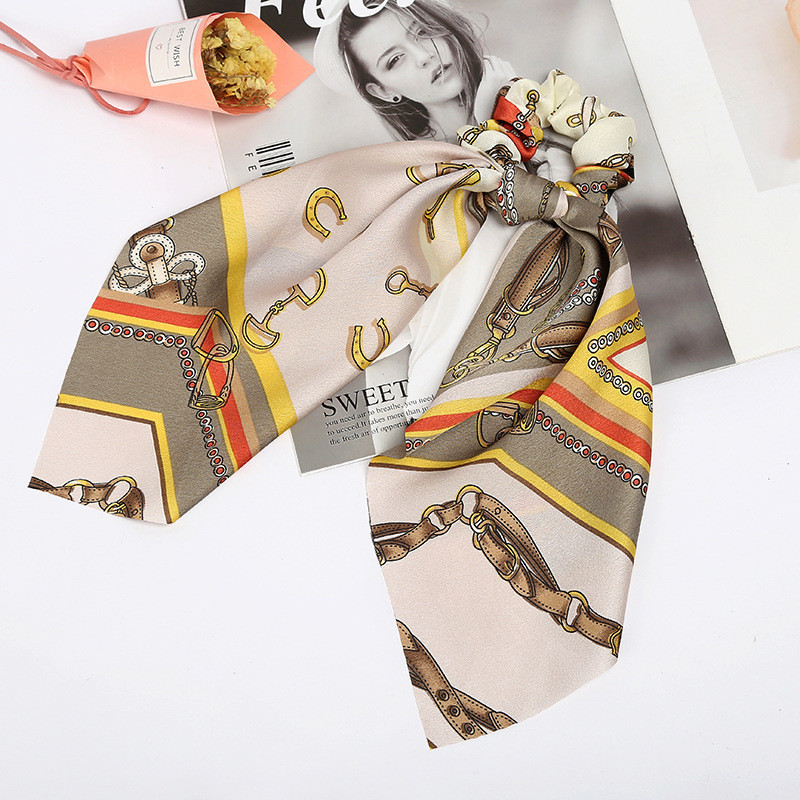 Printed beige satin scrunchies with scarf Printed beige satin scrunchies with scarf