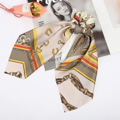 Printed beige satin scrunchies with scarf Printed beige satin scrunchies with scarf