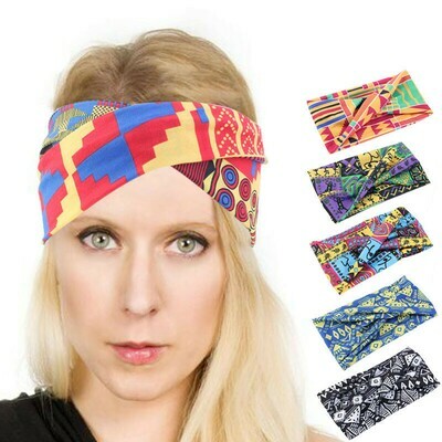 Crossing front stretchy headband in assorted printings Crossing front stretchy headband in assorted printings