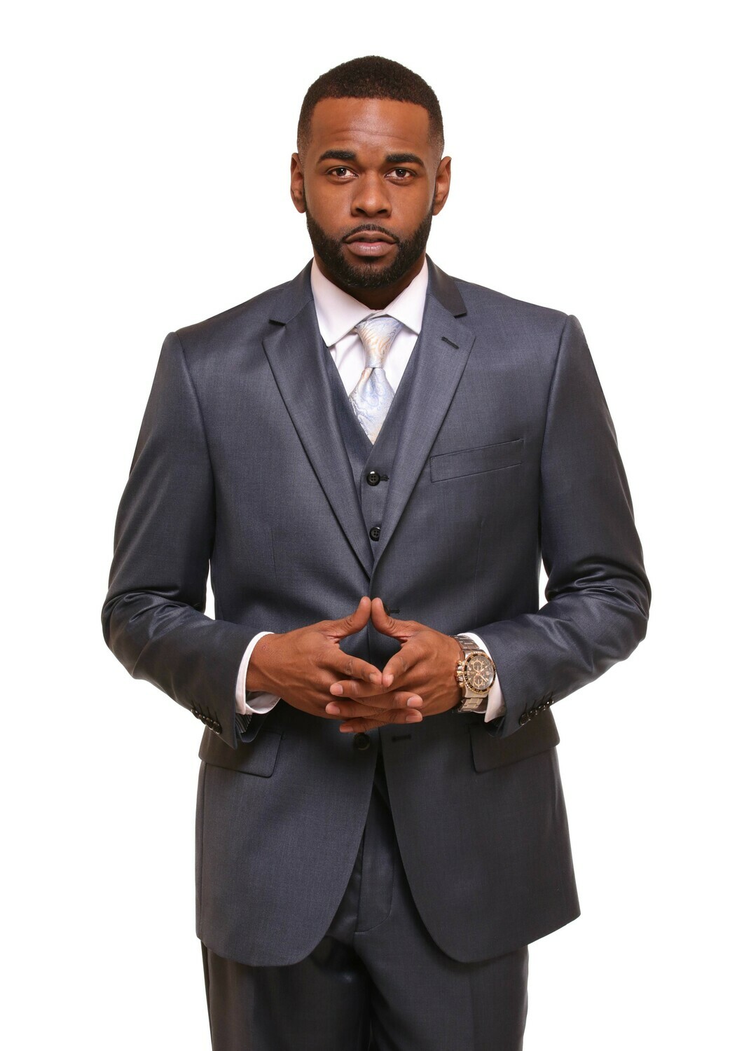 MEN&#39;S NAVY SHARKSKIN VESTED SUIT