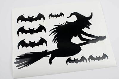 Flying Witch and Bats Sticker Window Decals