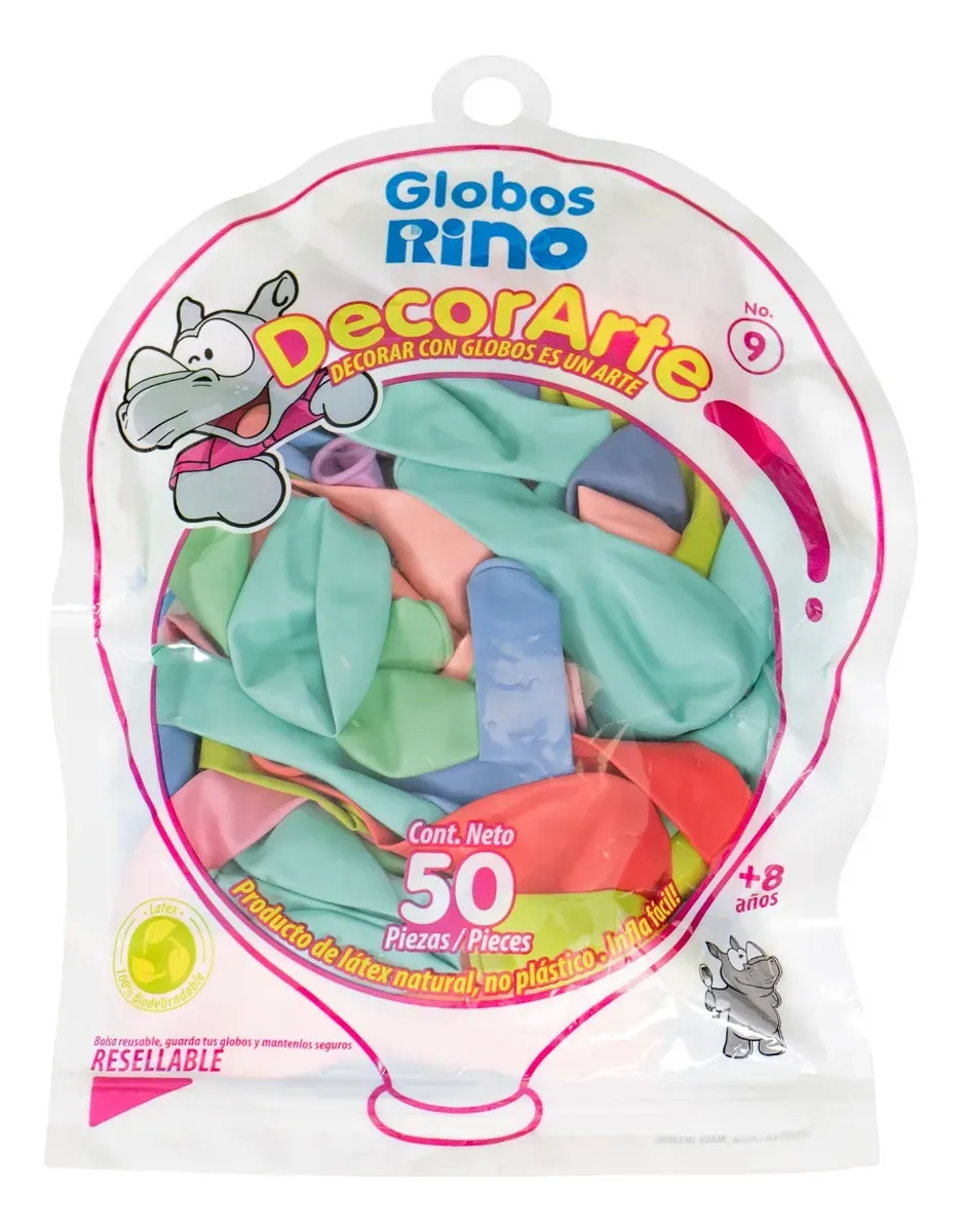 03535 Globo Rino No. 9 Colores Pastel Bolsa 50 Pzas