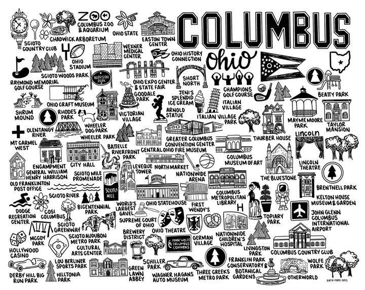 Columbus Ohio Map (B&W) Print