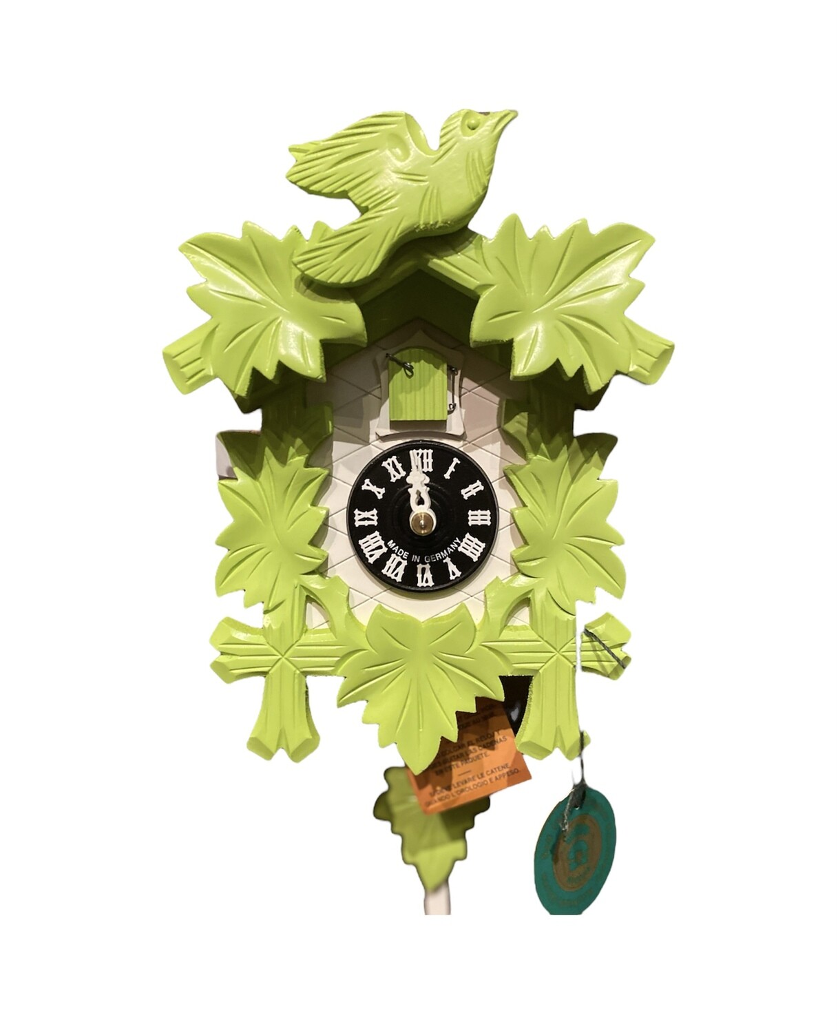 1-Day Carved White & Lime Green Cuckoo Clock