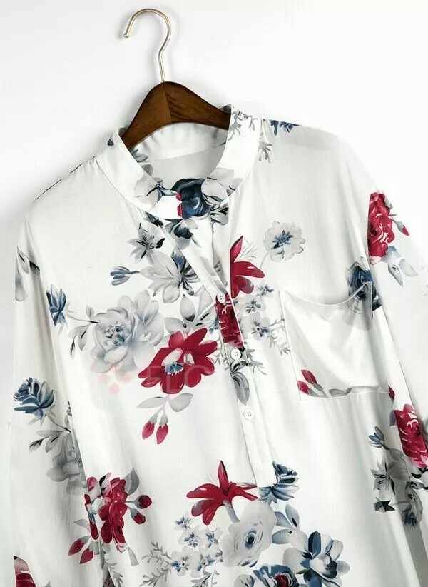 Floral Casual V-Neckline Long Sleeve Blouses
