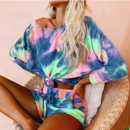 Casual two piece Tie-Dye women suits T-shirt shorts set Long sleeve casual oversize female suits summer shorts set