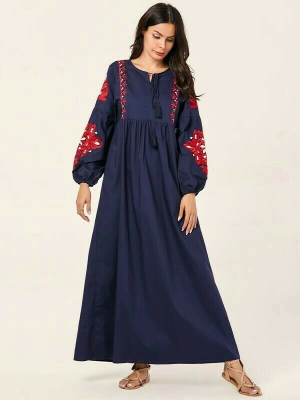 Tribal Embroidered Tassel Tie A-line Dress