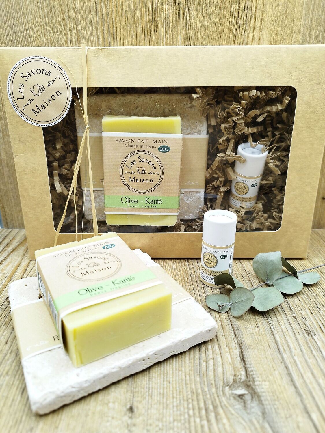 Coffret savon 100g porte-savon pierre et baume à lèvres
