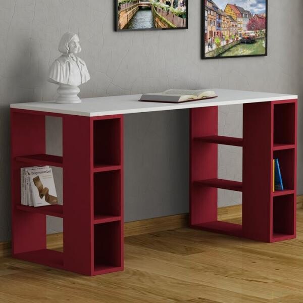 Desk office with side shelves - white and red