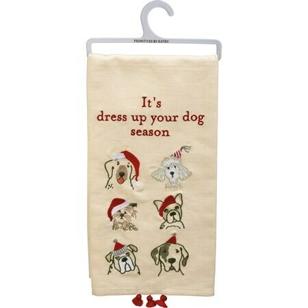 Christmas Linen Kitchen Towel w/Tassels: Dress Up Dog Season