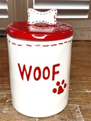Woof Ceramic Treats Jar w/Bone-Shaped Handle Woof Ceramic Treats Jar w/Bone-Shaped Handle