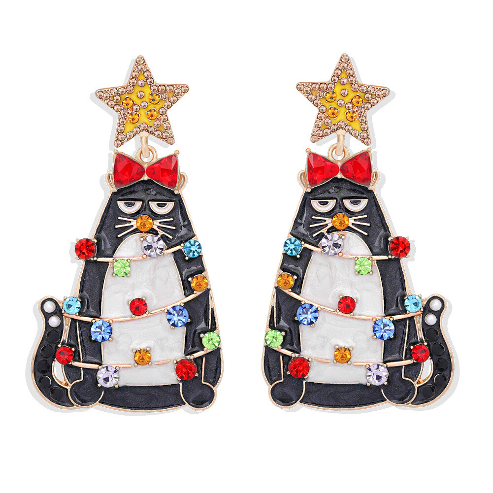 Cat Christmas Tree Rhinestone Earrings