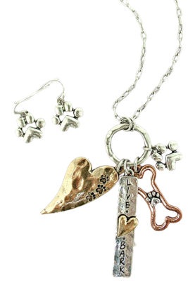 'Live, Love, Bark' Dog Charms Necklace & Earrings Gift Set