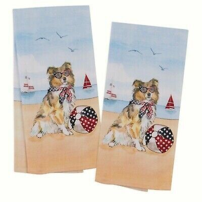 Set of 2 Kitchen Towels: Patriotic Collie with Beach Ball
