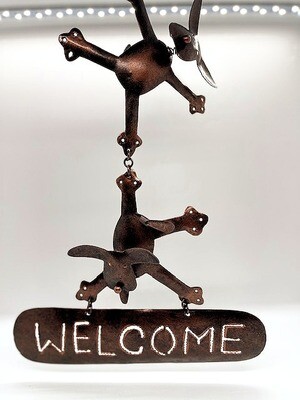 Hanging Metal Welcome Sign: Handcrafted Dancing Dogs Hanging Metal Welcome Sign: Handcrafted Dancing Dogs