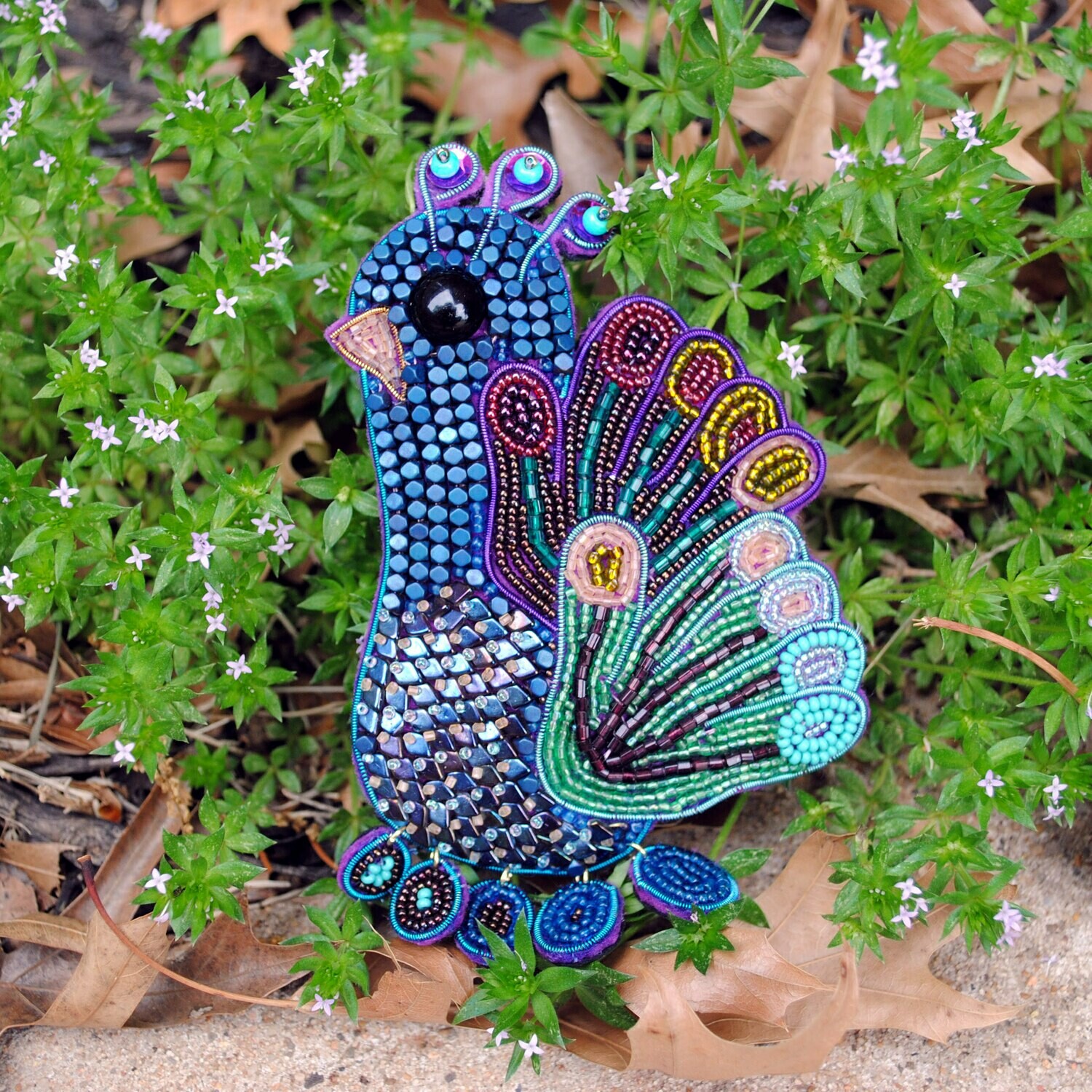 Hand/Foot Bead Embroidered Peacock Brooch