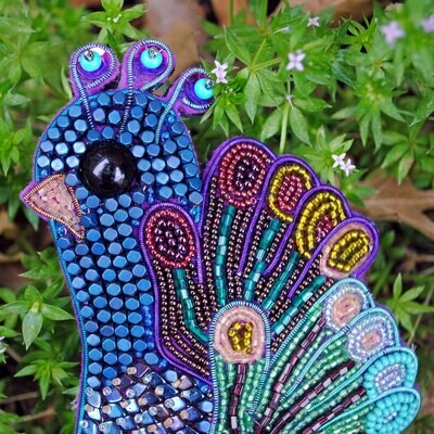 Hand/Foot Bead Embroidered Peacock Brooch