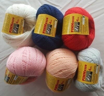 SUPER SPECIAL 4PLY AU$7.99 each, not $10.95.  4ply FINNESSE luxuriously soft rare finnsheep yarns, in six (6) colours. Normally AU$10.95/50g ball  