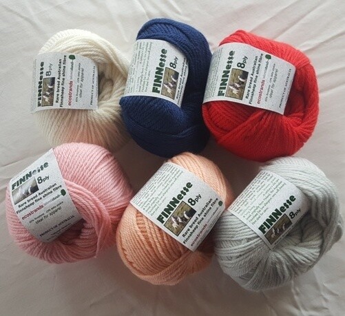 SUPER SPECIAL 8PLY 50g/AU$7.99, not $10.95.  FINNESSE luxuriously soft rare Australian finnsheep yarns, in 6 colours Normally AU$10.95/50g 