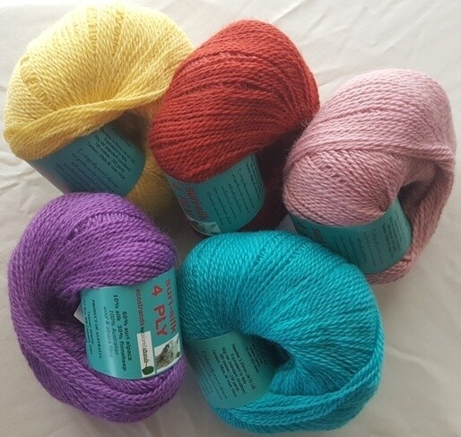 Special 4ply SURI SILK superb rare baby suri (alpaca), lustrous fine finnsheep, silk blend-bright lemon,rustic, shell pink,lilac, seachange(aqua) in 50g balls Normally AU$17.95ea. NOW 28%-36% OFF !!