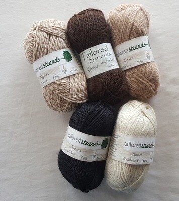 8ply Tailored Strands 100% Australian Alpaca naturals, 5 of 5 colors in 50g balls AU$11.95 each - honeycomb mix, mocha, sandstone, ivory; and ebony black.