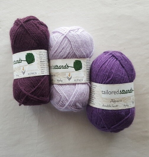 8ply Tailored Strands 100% Australian Alpaca purple-mauve colours in 50g balls AU$11.95 each - bilberry, wisteria, twilight lavender