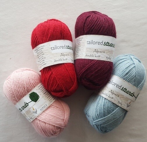 SUPER SPECIAL  AU$15.95-for-100grams  8ply Tailored Strands 100% Australian Alpaca classic colours in 50g balls. Normally 100g $23.90 or 50g $11.95  Dusty pink, scarlet, claret, sky blue