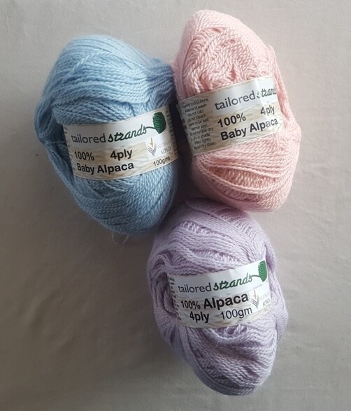 0 CLEARANCE SPECIALS HALF PRICE 4ply 100grams 100% Australian baby alpaca balls - sky blue, pink, wisteria(light mauve), lichen green. RRP23.90/100g now only...