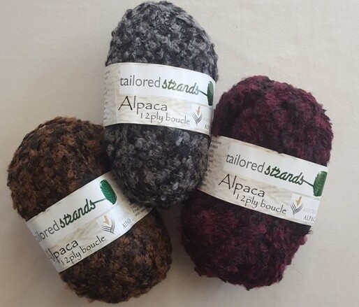 SUPER SPECIAL Boucle 12ply "Marls" 50grams  Save Save off RRP!!! 100% Australian alpaca yarn by Tailored Strands - redwood, charcoal or burgundy. Soft feel & durable, not $14.00 but only...