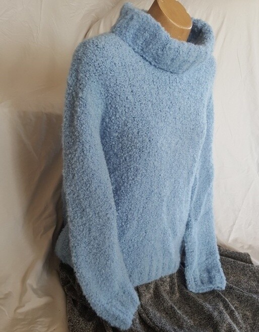 SUPER SPECIAL Australian made beautifully textured cowl neck jumper. At 515 grams that's 11 x 50g balls of boucle ($131.45 just for the wool!!!) Sized as casual look M or snug fit L for ladies.