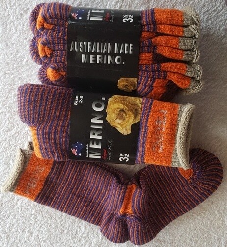 SOCKS Aussie Merino 3pair packs (ladies size 2-8) Limited no.s in Orange,Blue, Khaki/Olive, Purple with pin striping. Aus-grown & made socks. Only 19.99 (ie $6.67/pair) they should be $29.00
