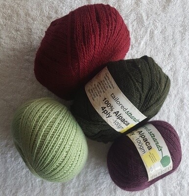 4ply 100gram 100% Australian baby alpaca balls AU$23.90 each - lichen green, claret, olive & bilberry.