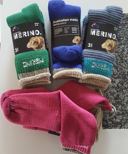 SOCKS Aussie Merino Socks:  Ladies Size 3pair-packs. Comfy look, made in Australia from Australian merino sheep fibre. 