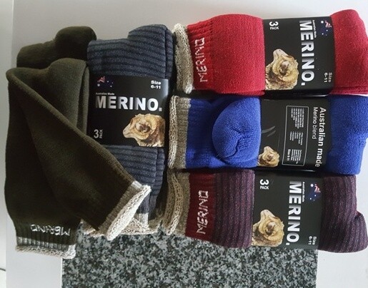 Aussie Merino Socks:  Mens Size 3pair-packs. Comfy look, made in Australia from Australian merino sheep fibre. 