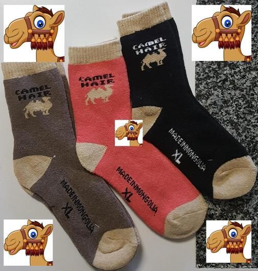 Camel Socks - soft & warm-believe it!  Made from soft warm undercoat fibre of camels. Luxuriously soft & durable.  Priced at only $5.99 a pair. They should be $10.  XL size only.