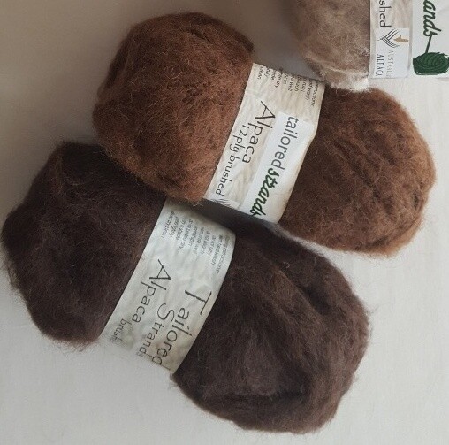 SPECIAL MOTHER EARTH SHADES 31% OFF BRUSHED 12ply 50g balls - Naturals "mohair-look" 100% Australian alpaca yarn - redwood, mocha brown.  Luxuriously soft on the skin.