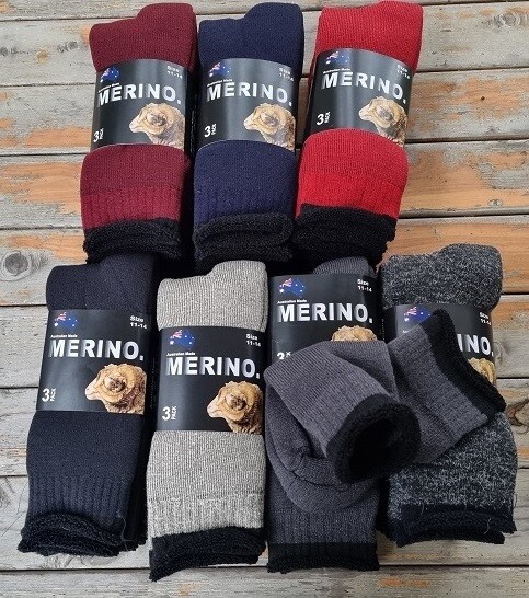 SOCKS Aussie Merino Socks: King Size11-14 3pairs/pack. Comfy Aussie grown&made. Special $19.99 (ie.$6.67/pr) not $29.00. Claret, Navy, Red, Black, Greys-silver,midgrey,smoky & Varied Pinstripes