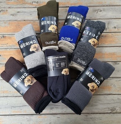 SOCKS Aussie Merino Socks:  Mens Size 3pair-packs. Comfy Aussie grown&made. 19.99 (ie.$6.67/pair) should be $29.00/pk. Brown, Khaki, Blue, Black, Greys-silver,smoky,midgrey & Varied Pinstripes at only