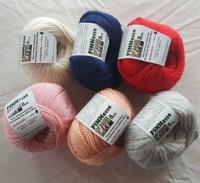 SUPER SPECIAL 8PLY AU$12.95 each, 15%-30% OFF RRP!!  8ply FINNESSE luxuriously soft rare finnsheep yarns, in six (6) colours. Normally AU$18.95/50g ball  "Help support the preservation of finnsheep."